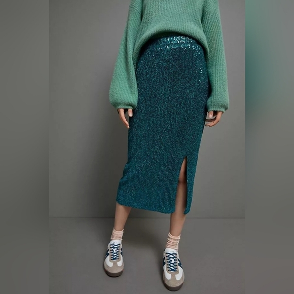 Anthropologie Maeve Alicia Sequined Midi Skirt Green Side Zip Slit Size M - Picture 2 of 6